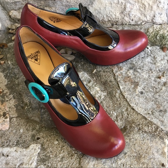 John Fluevog Red and Black Heels with Blue Accents - Picture 2 of 4